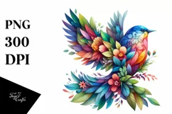 Vibrant Watercolor Bird with Plant Leaves and Flowers, PNG Product Image 3