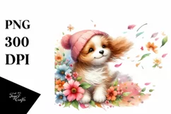 Cute Dog Wind Tumbling Flowers Clipart Product Image 1