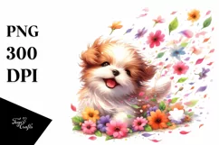 Cute Dog Wind Tumbling Flowers Clipart Product Image 3