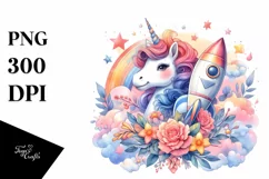 Watercolor Baby Unicorn Rocket Ship PNG Product Image 1