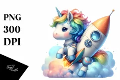 Watercolor Baby Unicorn Rocket Ship PNG Product Image 1