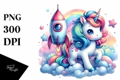 Watercolor Baby Unicorn Rocket Ship PNG Product Image 1