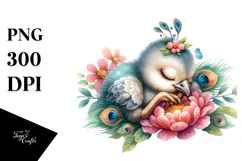 Digital Watercolor Baby Peacock with Big Eyes, High-Res PNG Product Image 1