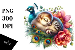 Digital Watercolor Baby Peacock with Big Eyes, High-Res PNG Product Image 1