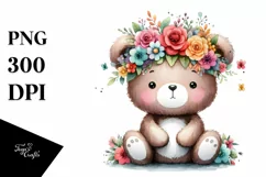 Cartoon Bear with Flower Crown, Cute PNG Product Image 3