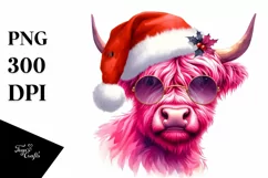 Pink Highland Cow with Santa Hat PNG Product Image 1
