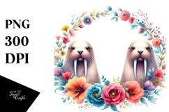 Vibrant Walrus Floral Frame Watercolor Clipart Product Image 1