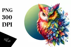 Abstract Vibrant Watercolor Owl with Plant Leaves and Product Image 1