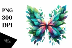 Abstract Vibrant Watercolor Butterfly with Plant Leaves, PNG Product Image 3