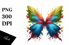 Abstract Vibrant Watercolor Butterfly with Plant Leaves, PNG Product Image 3