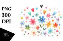 Simple Flower with Hearts Watercolor Digital Painting JPEG Product Image 1