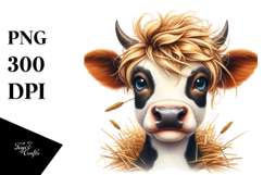 Funny Cow with Cool Hair and Hay Straw PNG Product Image 1