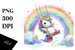 Colorful Baby Unicorn Swinging from Rainbow, Transparent PNG Product Image 1
