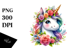 Smiling Baby Unicorn with Floral Wreath, Bright PNG Product Image 1