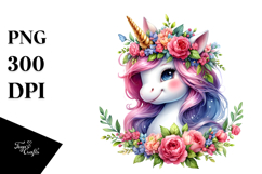 Smiling Baby Unicorn with Floral Wreath, Bright PNG Product Image 1