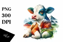 Watercolor Baby Cow Mountain PNG Product Image 1