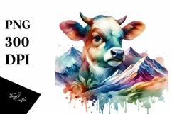 Watercolor Baby Cow Mountain PNG Product Image 1