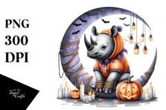 Watercolor Rhino Dressed for Halloween Sitting on Moon PNG Product Image 1