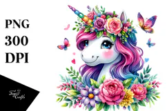 Cute Unicorn with Floral Wreath PNG Product Image 1