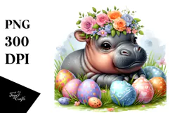 Baby Hippo among Easter Eggs PNG Product Image 1
