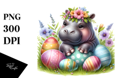 Adorned Baby Hippo in Grass between Easter Eggs PNG Product Image 1
