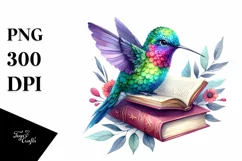 Vibrant Hummingbird Reading a Book | Watercolor Clipart Product Image 1