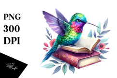 Vibrant Hummingbird Reading a Book | Watercolor Clipart Product Image 1