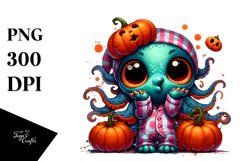 Tiny Kraken in Pajamas with Pumpkins PNG Product Image 1