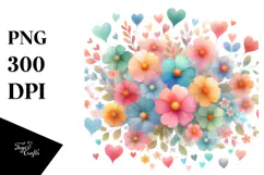Simple Flower with Hearts Watercolor Digital Painting JPEG Product Image 1