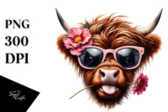 Highland Cow with Sunglasses and Flower in Mouth PNG Product Image 1