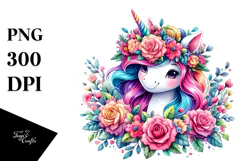 Smiling Unicorn with Floral Wreath, Vibrant PNG Product Image 1