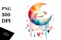 Smiling Half Moon with Hearts, Watercolor PNG Product Image 1