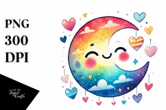 Smiling Half Moon with Hearts, Watercolor PNG Product Image 1