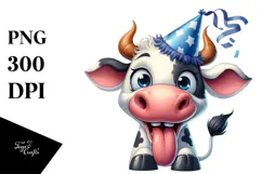 Cartoon Cow with Party Hat PNG Product Image 1