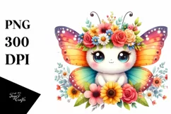 Cartoon-Style Butterfly with Flower Crown | Clipart Product Image 1