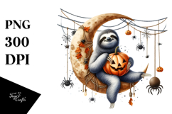 Watercolor Sloth Dressed for Halloween Sitting on Moon PNG Product Image 1