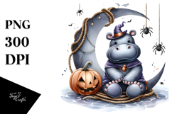 Watercolor Hippo Dressed for Halloween Sitting on Moon PNG Product Image 1