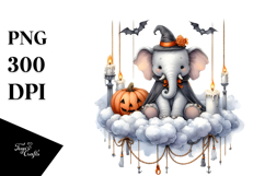 Watercolor Elephant Dressed for Halloween Sitting on Cloud Product Image 1