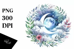 Wimsical Moon Foliage Clouds Watercolor Clipart Product Image 1