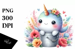 Cute Smiling Narwhal in Bucket | Sublimation | Clipart Product Image 1