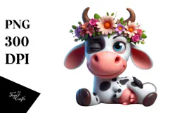 Whimsical Cartoon Cow with Flower Crown, PNG Product Image 1