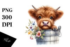 Cute Baby Highland Cow with Wooden Bucket PNG Product Image 3
