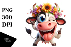 Goofy Cow with Flower Crown, High-Res PNG Product Image 1