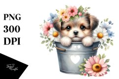 Cute Baby Dog in Bucket with Flowers PNG Product Image 3