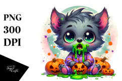 Funny Tiny Werewolf in Pajamas with Pumpkins PNG Product Image 1