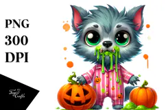 Funny Tiny Werewolf in Pajamas with Pumpkins PNG Product Image 1