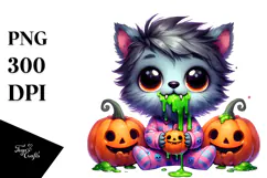 Funny Tiny Werewolf in Pajamas with Pumpkins PNG Product Image 1
