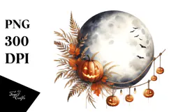 Watercolor Moon with Jack o Lanterns PNG Product Image 1