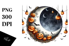 Watercolor Moon with Jack o Lanterns PNG Product Image 1
