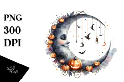 Watercolor Moon with Jack o Lanterns PNG Product Image 1